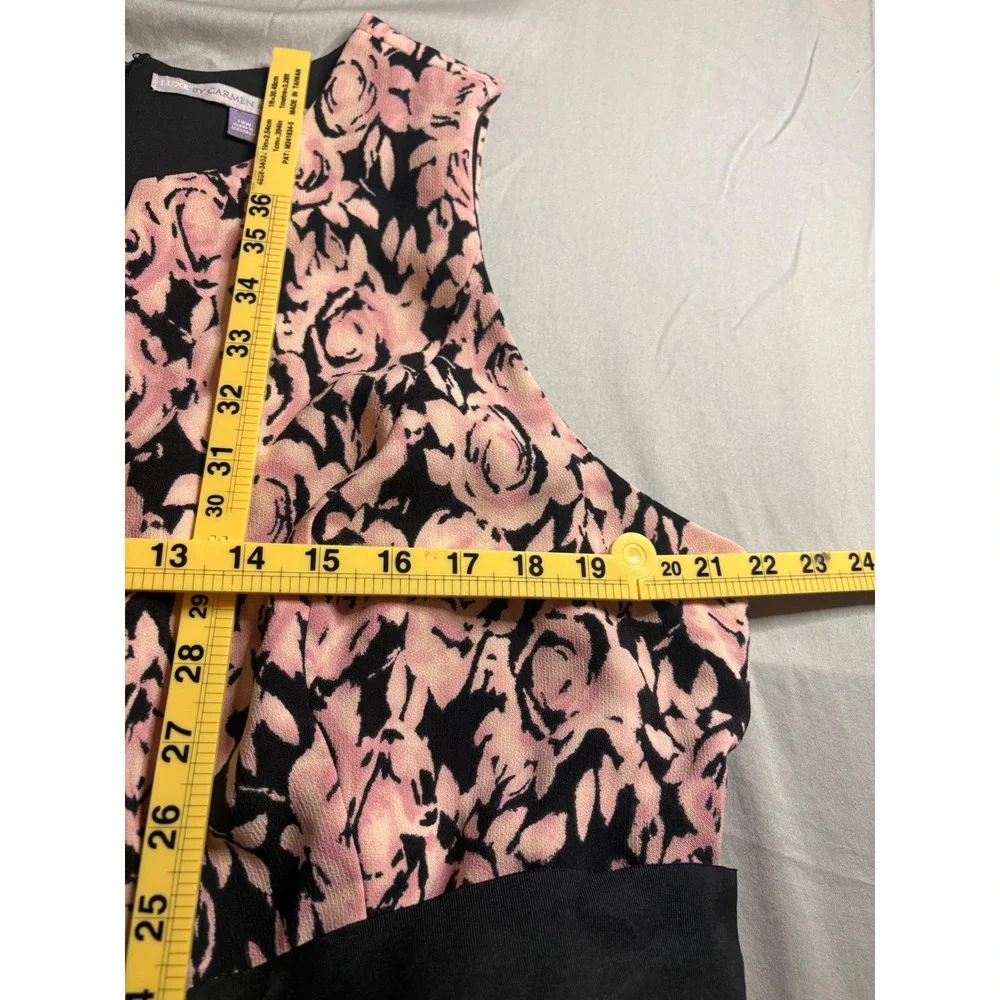 Luxe by Carmen Marc Valvo Pink Black Floral Rose Dress V-Neck Sash 18W Plus Size - Picture 5 of 5